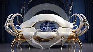 Luxurious Geometry: A Futuristic Crab In A Dark Room With Blue Seats