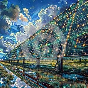 Advanced Solar Panels: Vibrant Circuit Patterns and Dramatic Sky in Renewable Art, generative ai