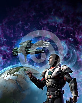 Futuristic soldier and Alien spaceship, 3d illustration