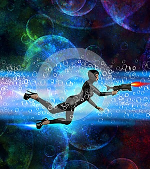 Futuristic soldier in a black dress with a rifle, attractive blonde woman in uniform, floating in cyberspace 3d illustration