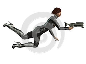 Futuristic soldier in black uniform with gun, 3d illustration