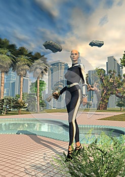 Futuristic soldier in a city, in the background buildings and plants, spaceships in the sky, 3d illustration