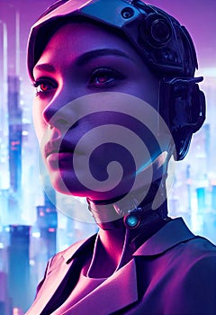 Futuristic soldier in the city, girl in a cyberpunk style