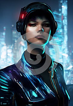 Futuristic soldier in the city, girl in a cyberpunk style