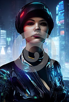 Futuristic soldier in the city, girl in a cyberpunk style