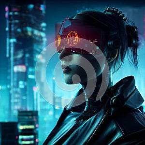 Futuristic soldier in the city, girl in a cyberpunk style