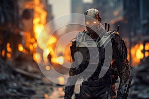 Futuristic soldier cyborg stands on burning city, military robot on street