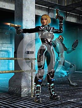 Futuristic soldier with guns in a space base, 3d illustration