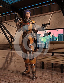 Futuristic soldier with guns in a space station, 3d illustration