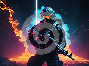 futuristic soldier holding a gun with a futuristic helmet on a dark background