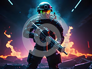 futuristic soldier holding a gun with a futuristic helmet on a dark background