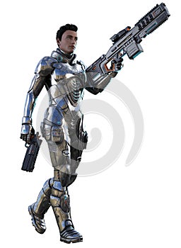 Futuristic soldier in a metallic armor, armed with gun and rifle, 3d rendering