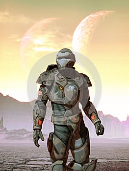 Futuristic soldier and moons