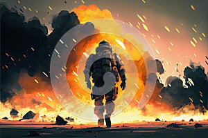 futuristic soldier running away from giant explosion, digital art style, cartoonish