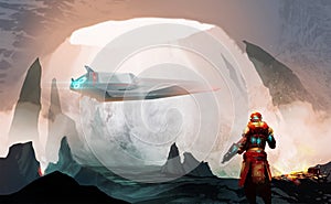 A futuristic soldier standing in the cave and looking to spaceship, against lava and ma