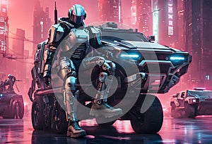 Futuristic soldier in steel armor with the cybe