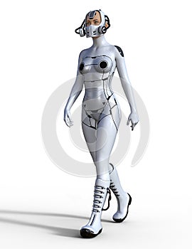 Futuristic soldier with white armor, woman with mask, illustration, 3d rendering