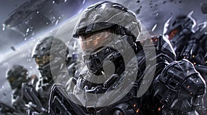 Futuristic soldiers in advanced combat armor with illuminated visors. Sci-fi military concept art with a squad in battle formation