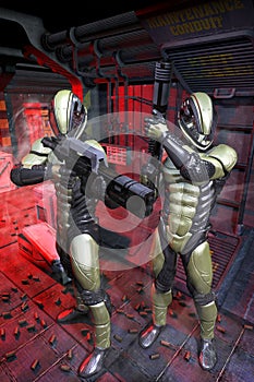 Futuristic soldiers inside a spaceship