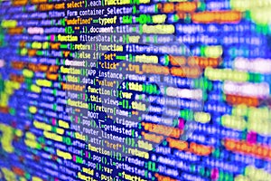 Futuristic source code digital data telemetry motion graphic display screen with user interface display for digital background