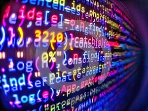 Futuristic source code digital data telemetry motion graphic display screen with user interface display for digital background