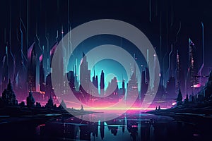 Futuristic Space City with cyberpunk neon light, for Banner and Background.