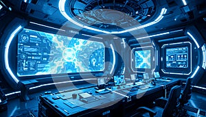 Futuristic Space Command Center With Advanced Glowing Interface Panels