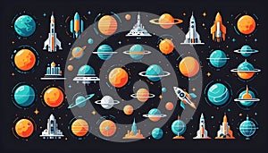 Futuristic Space Exploration Icons â Rockets, Planets, and Sci-Fi Elements