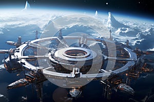 Futuristic space exploration. interstellar travel, colonies, and advanced space stations photo