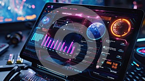 Futuristic Space Exploration Progress Tracker on Neon-Lit Tablet Interface