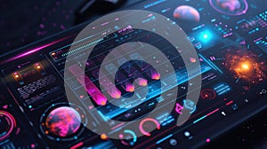 Futuristic Space Exploration Progress Tracker on Neon-Lit Tablet Interface