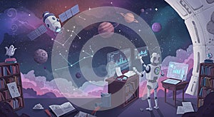 AI Robot Analyzing Space Data in Futuristic Observatory