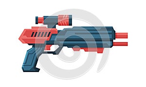 Futuristic Space Gun Blaster, Red and Black Fantastic Handgun, Raygun of Alien, Childish Pistol Vector Illustration