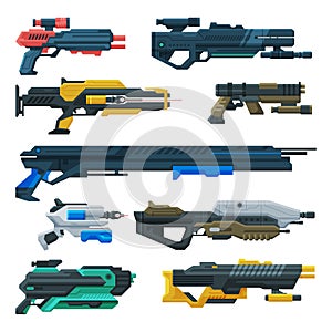 Futuristic Space Guns Blasters Collection, Fantastic Handguns, Alien Weapon Vector Illustration