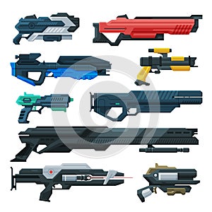 Futuristic Space Guns Blasters Collection, Fantastic Handguns, Rayguns of Alien, Childish Pistols Vector Illustration