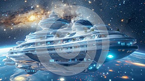 A futuristic space hotel floats in orbit, inviting passengers for unique zeroG experiences photo