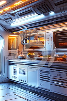 Futuristic space kitchen with advanced technology and modern design