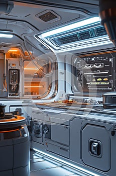 Futuristic space kitchen with advanced technology and sleek design