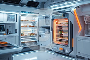 Futuristic space kitchen interior with advanced food storage technology