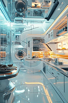 Futuristic space kitchen with sleek design and advanced technology