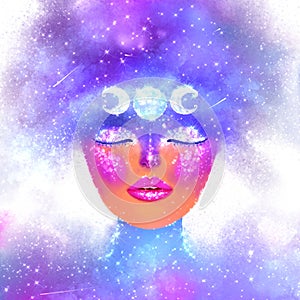 Futuristic space multicolor illustration. An abstract girl with closed eyes in the cosmic imagination, in the universe, in the