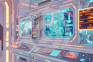 Futuristic Space Station Control Room Interface glowing blue on holographic display.