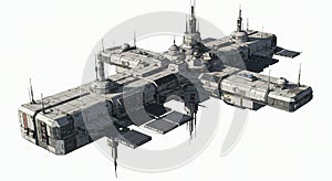 Futuristic space station featuring a complex, modular structure with interconnected