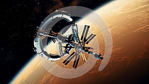 Futuristic space station fly over red planet