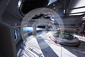 Futuristic space station interior overlooking a planet with a center atrium. photo