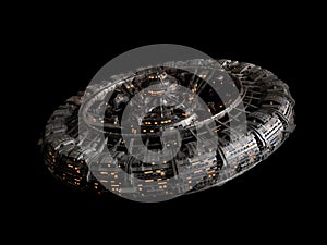 Futuristic space station isolated on black background, high detail spaceship disc 3d science fiction rendering