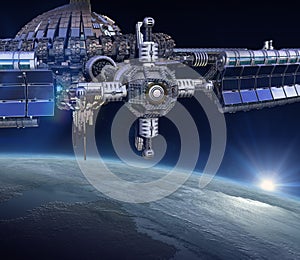 Futuristic space station near Earth photo