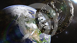 Futuristic space station in orbit of planet Earth 3d science fiction illustration, elements of this image are furnished by NASA
