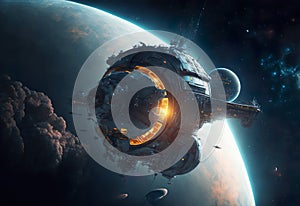 Futuristic space station in orbit of planet