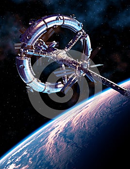 Futuristic Space Station Orbiting Blue Planet Earth